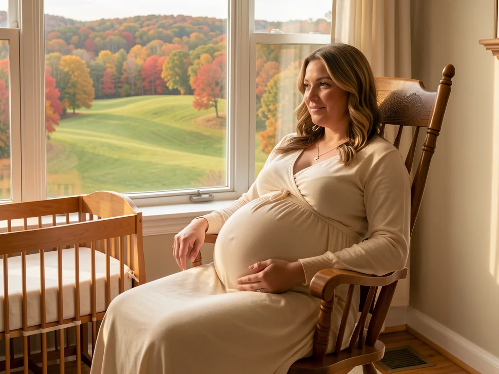 Pregnant woman resting in a rocking chair near a window overlooking the Finger Lakes autumn landscape in Rochester, NY