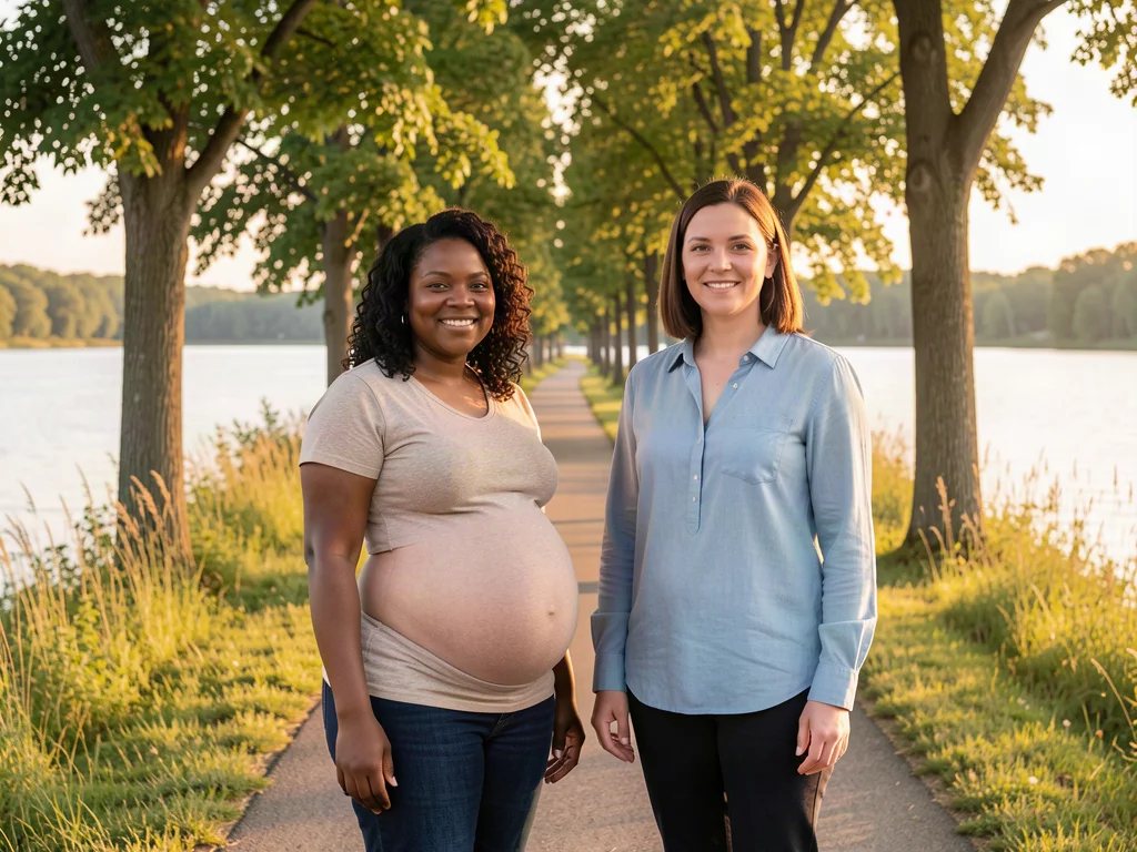 A doula supporting one visibly pregnant Rosemount mom beside a Minnesota lake