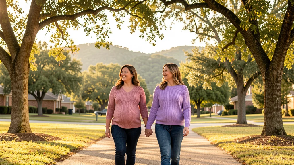 Two women walking side by side in a Round Rock neighborhood with Texas Hill Country in the distance