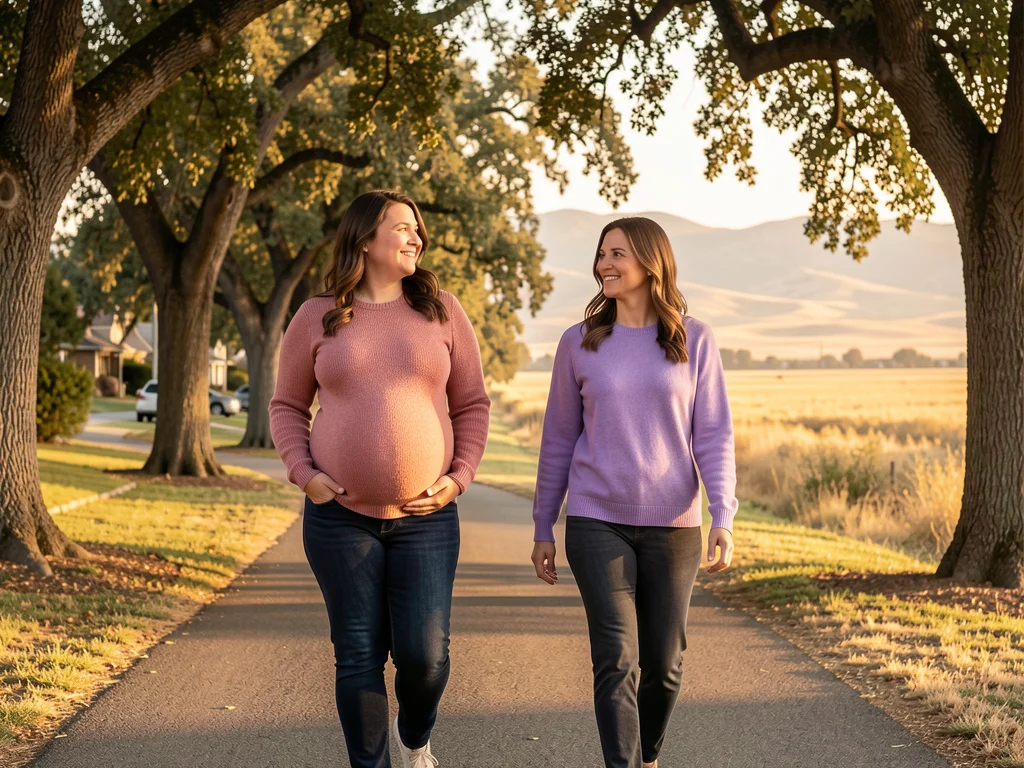 A doula walking alongside an expectant mom through a Sacramento neighborhood near Capitol Park