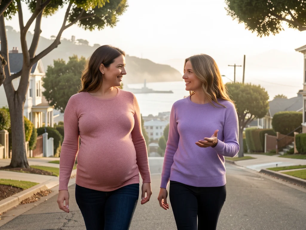 A doula supporting an expectant mom in San Francisco with bay views and fog