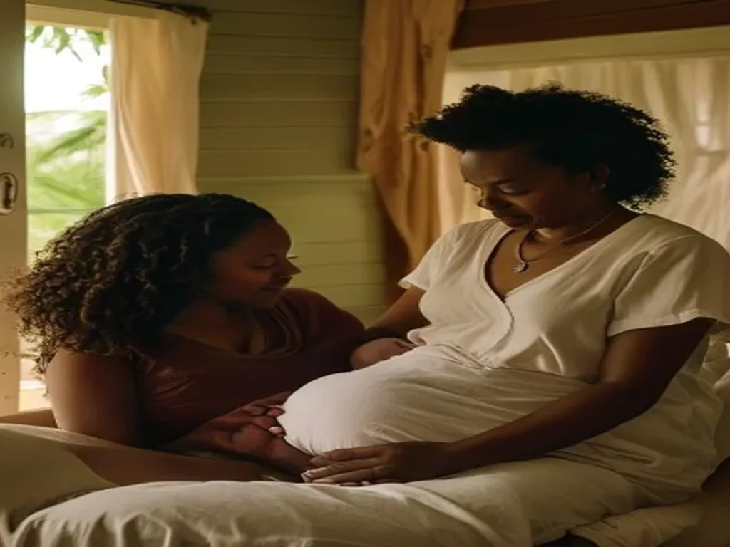 Birth doula providing hands-on labor support to an expecting family in Savannah, Georgia