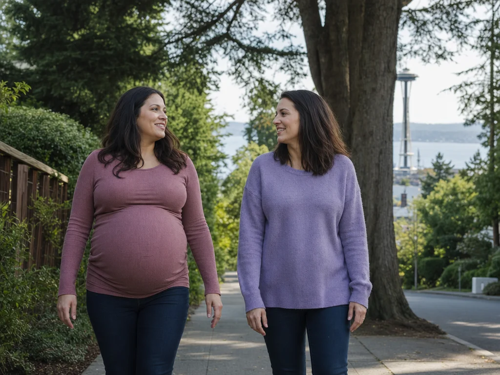 A doula and an expectant mom walking a Seattle sidewalk with the Space Needle rising behind them
