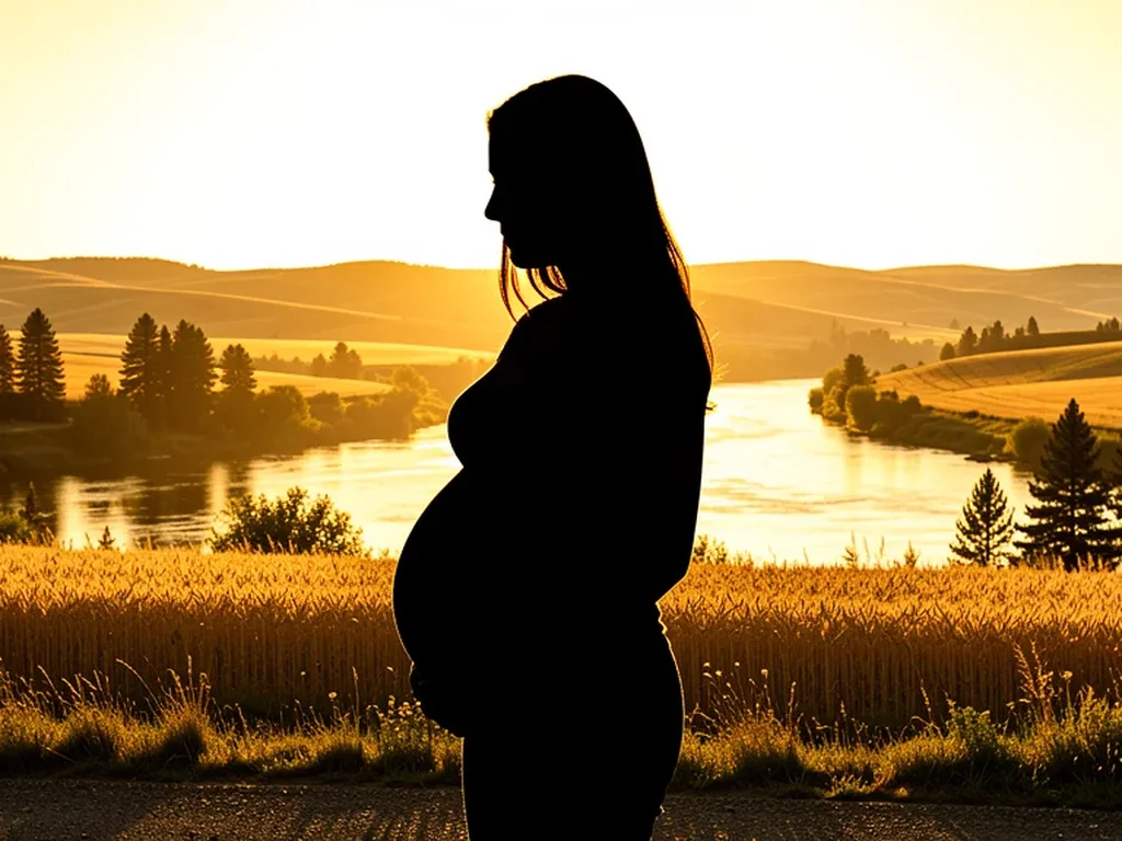 A pregnant woman in silhouette overlooking the Spokane River and Palouse hills at golden hour