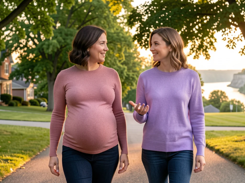 A doula walking with a pregnant mom along a tree-lined path in St. Paul, Minnesota