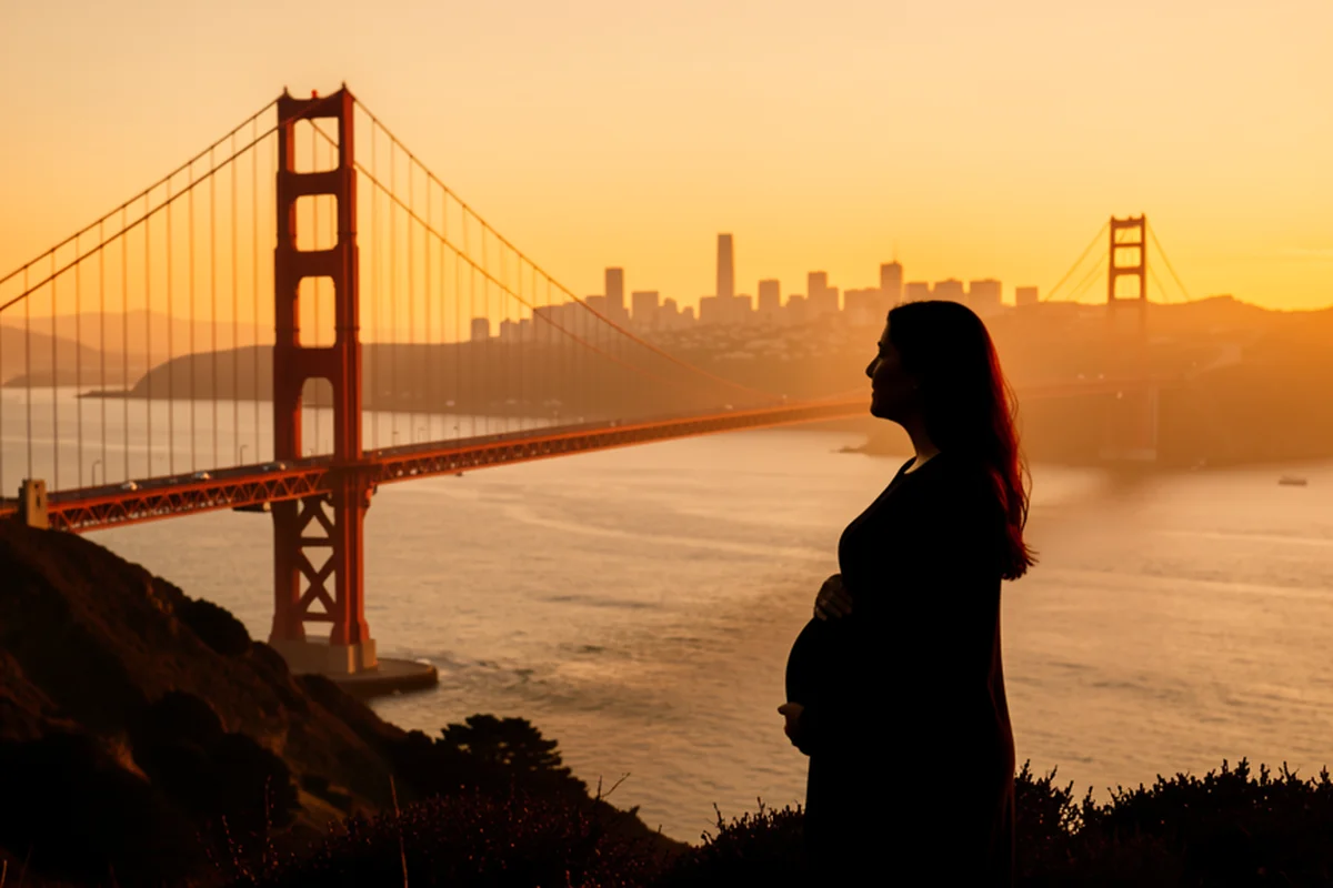 Golden Gate Bridge at golden hour, a pregnant woman silhouetted on a hillside looking toward the bridge