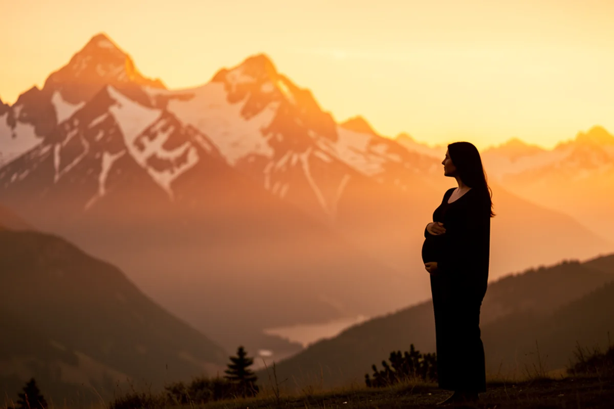 Colorado Rocky Mountains at golden hour, a pregnant woman silhouetted against the peaks
