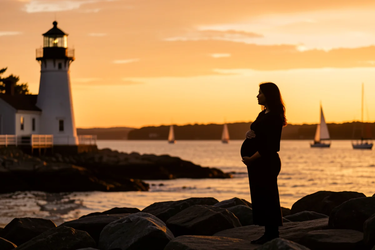 Connecticut coastline on the Long Island Sound at golden hour, a pregnant woman silhouetted on the rocky shore with sailboats in the distance