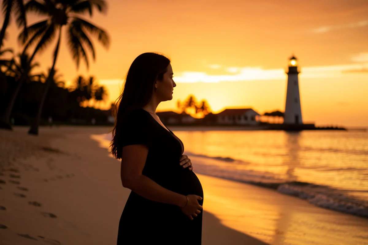 Florida coast at golden hour, a pregnant woman silhouetted on the beach with palm trees and a lighthouse