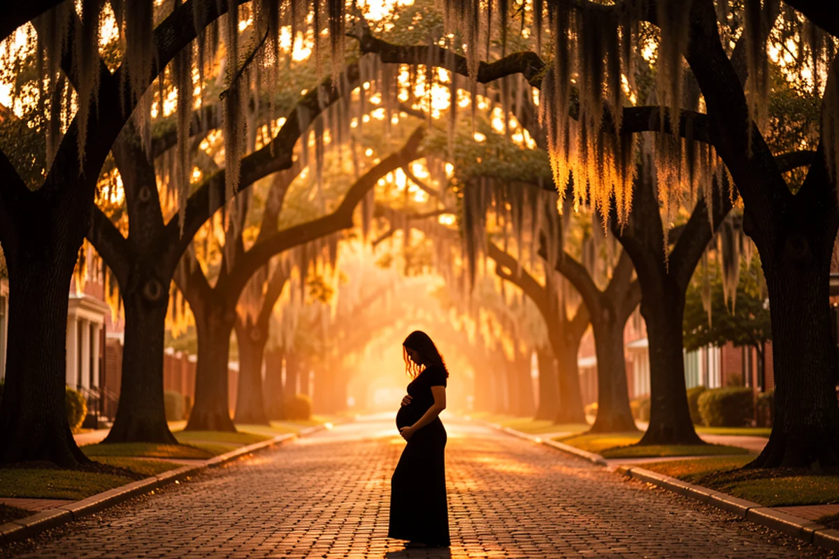 Savannah live oak trees draped with Spanish moss at golden hour, a pregnant woman silhouetted on a cobblestone path
