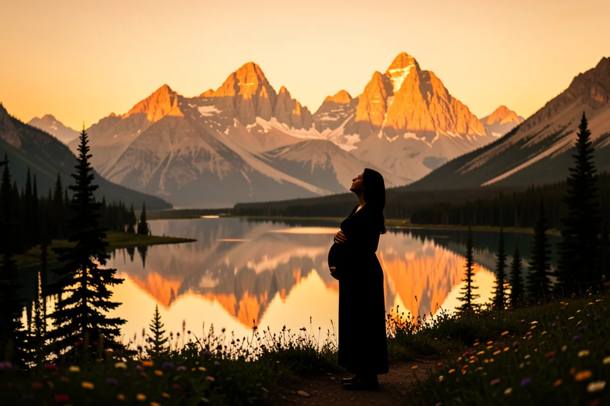 Sawtooth Mountains at golden hour in Idaho, a pregnant woman silhouetted on a mountain trail looking up at the jagged peaks
