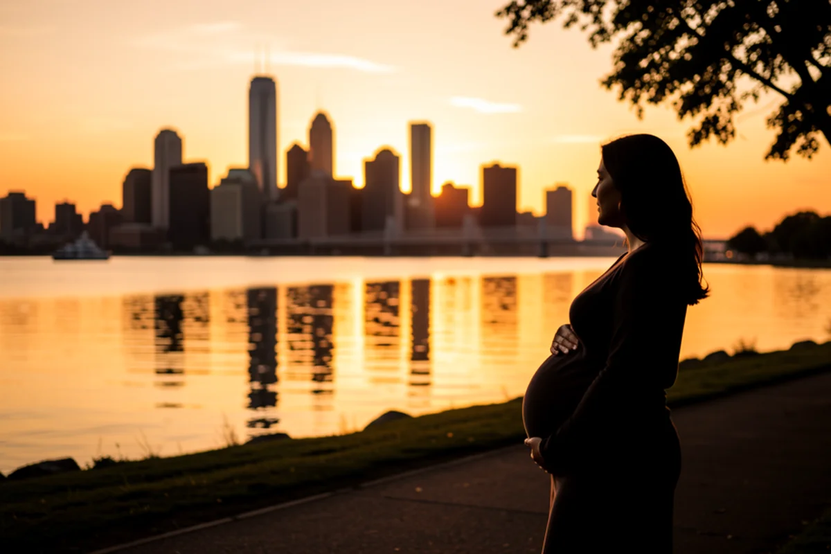 Chicago skyline at golden hour on Lake Michigan, a pregnant woman silhouetted on the lakefront trail looking across at the city