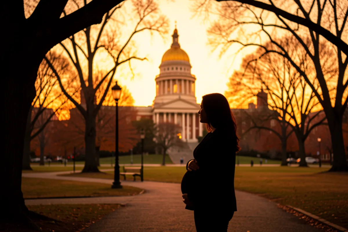 Boston Common at golden hour with the Massachusetts State House dome in the background, a pregnant woman silhouetted on a walking path