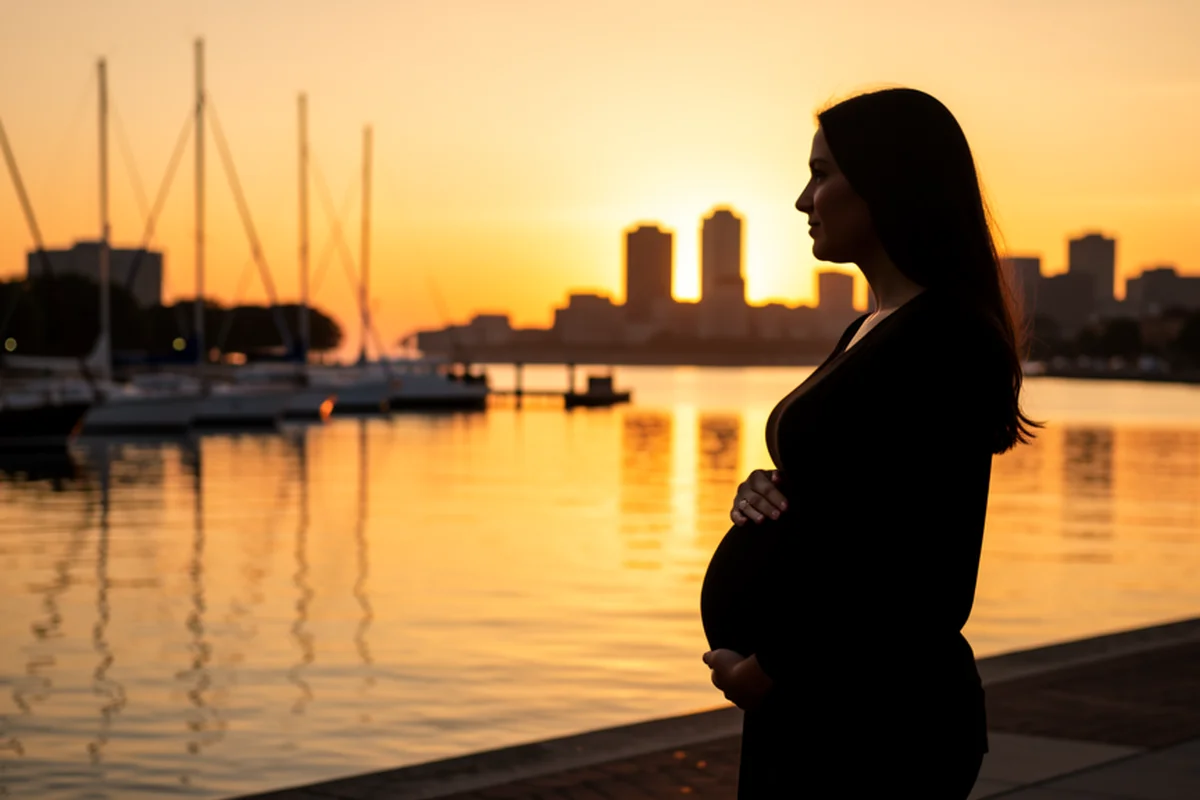 Baltimore Inner Harbor at golden hour, a pregnant woman silhouetted along the harbor promenade