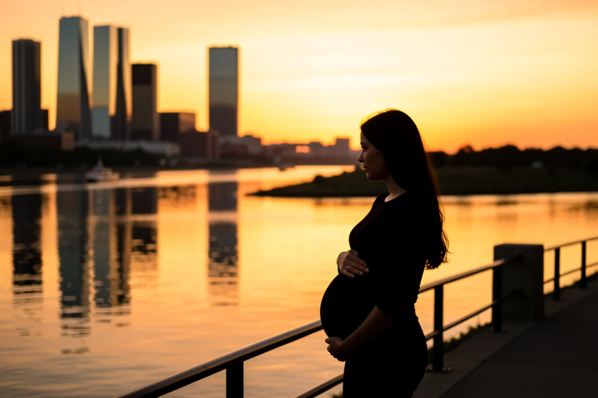 Detroit Riverwalk at golden hour, a pregnant woman silhouetted along the waterfront with the Detroit skyline and Renaissance Center reflecting in the Detroit River