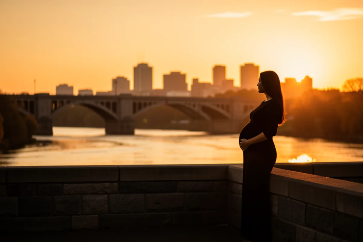 Minneapolis Stone Arch Bridge at golden hour, a pregnant woman silhouetted on the historic bridge spanning the Mississippi River