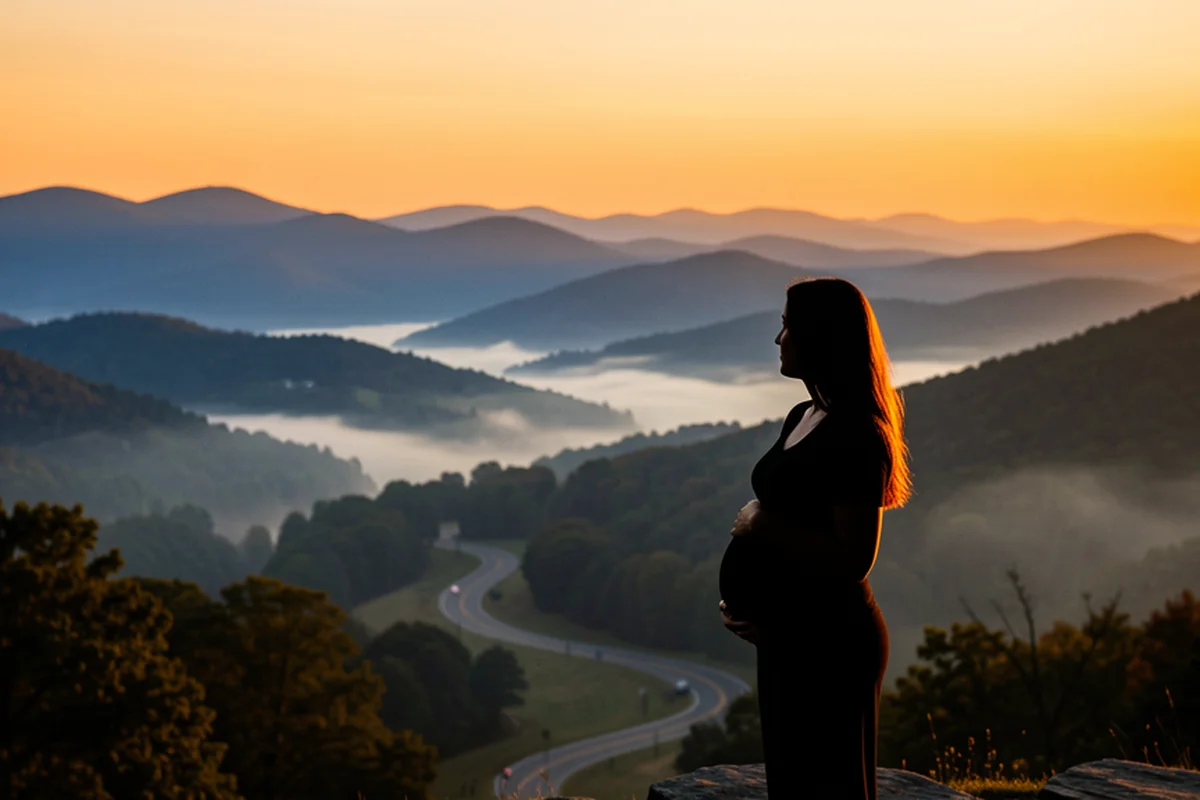 Blue Ridge Mountains at golden hour, a pregnant woman silhouetted on an overlook looking across the rolling ridges