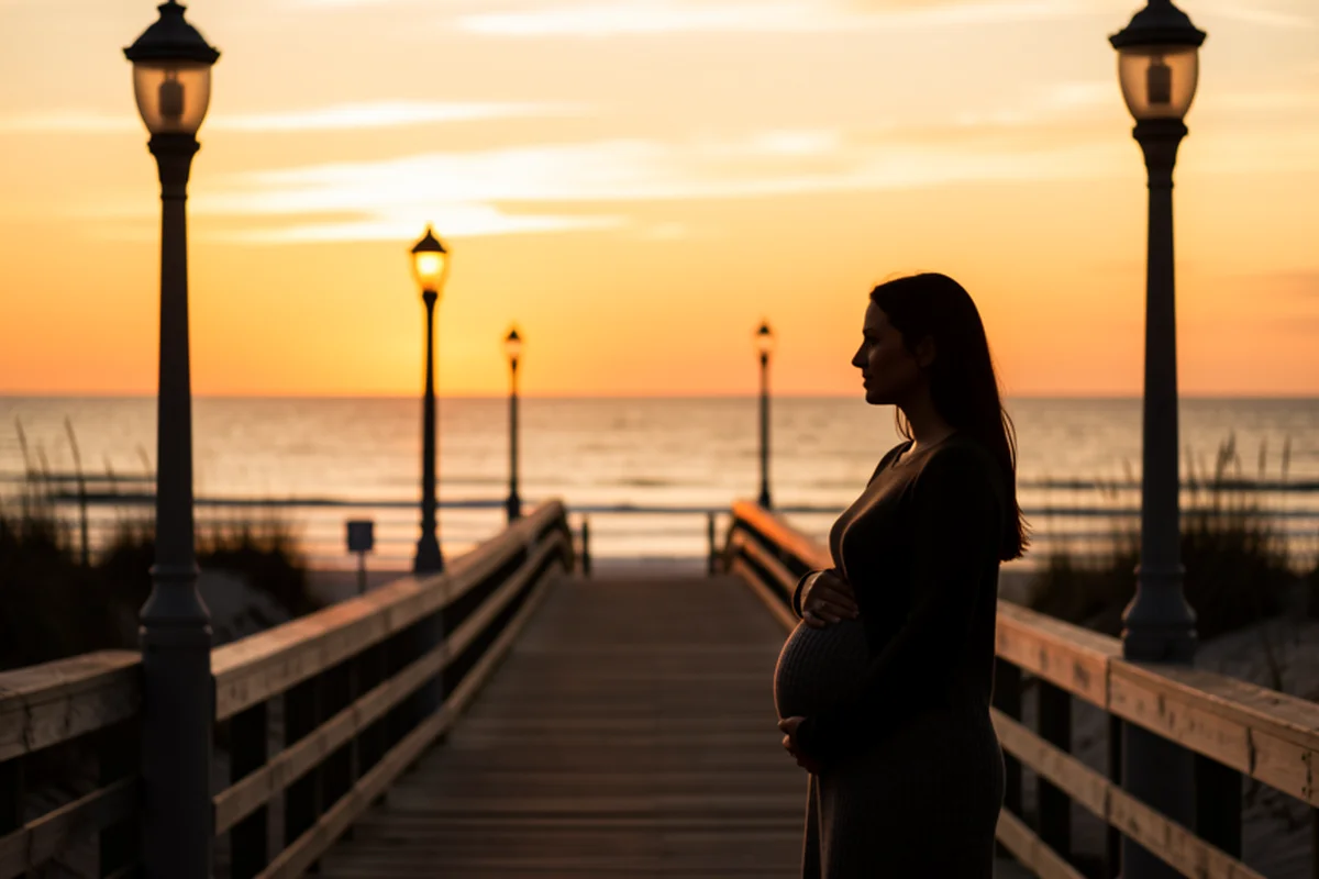 New Jersey shore at golden hour, a pregnant woman silhouetted on a classic Jersey Shore boardwalk looking out at the Atlantic