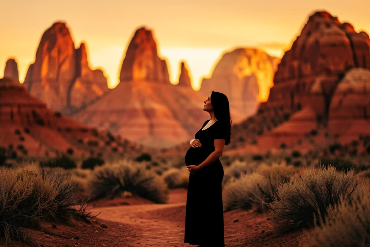 Red Rock Canyon at golden hour in Nevada, a pregnant woman silhouetted against the red sandstone formations