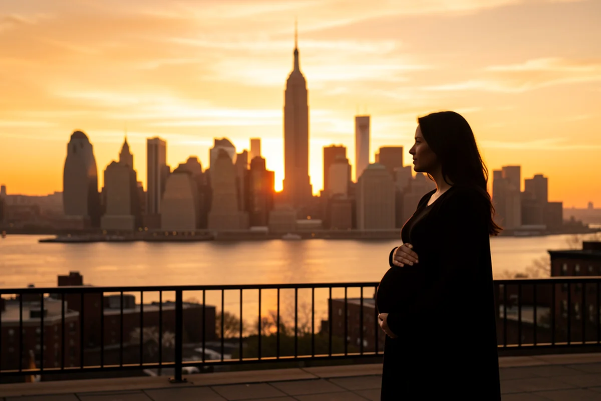 New York City skyline at golden hour from the Brooklyn Heights promenade, a pregnant woman silhouetted looking across at Manhattan