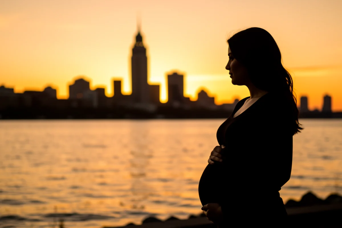 Cleveland Lake Erie shoreline at golden hour, a pregnant woman silhouetted on the lakefront with the Cleveland skyline and Terminal Tower in the background