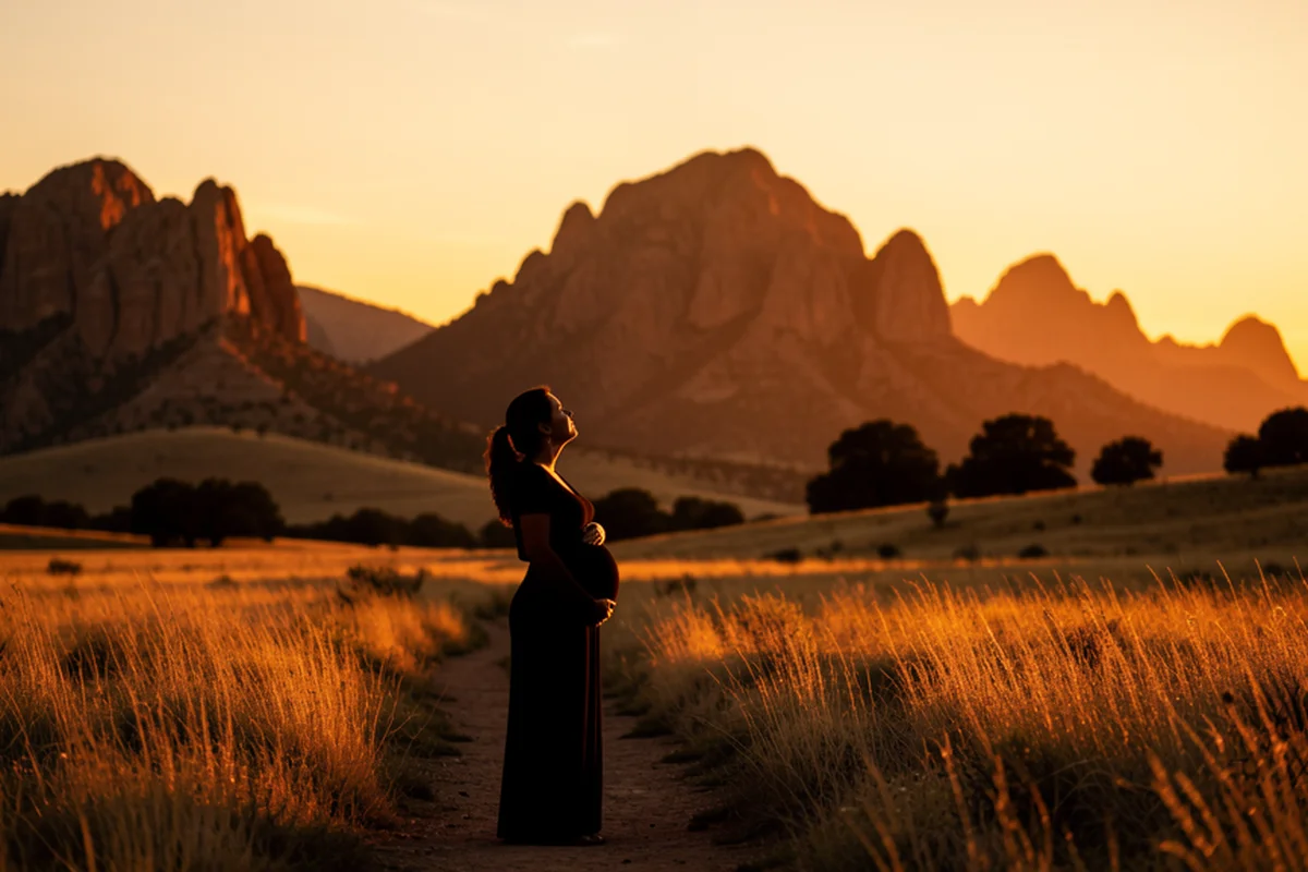 Wichita Mountains at golden hour in Oklahoma, a pregnant woman silhouetted on a prairie trail looking up at the rugged peaks