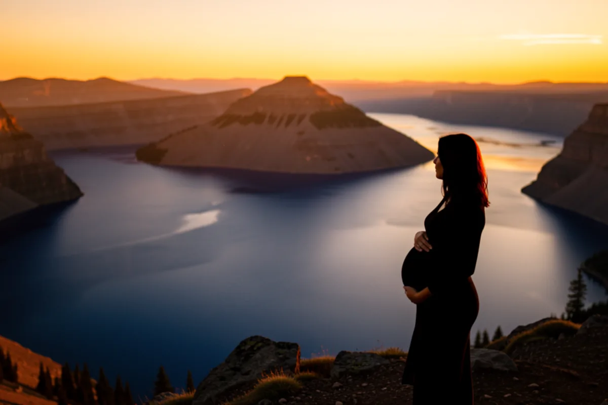 Crater Lake at golden hour, a pregnant woman silhouetted on the crater rim looking across the deep blue caldera