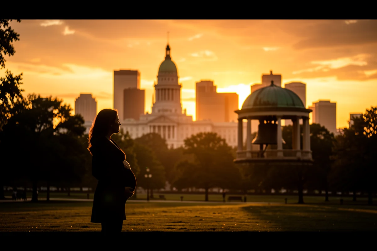 Philadelphia skyline at golden hour, a pregnant woman silhouetted in a park looking toward City Hall and the downtown skyline