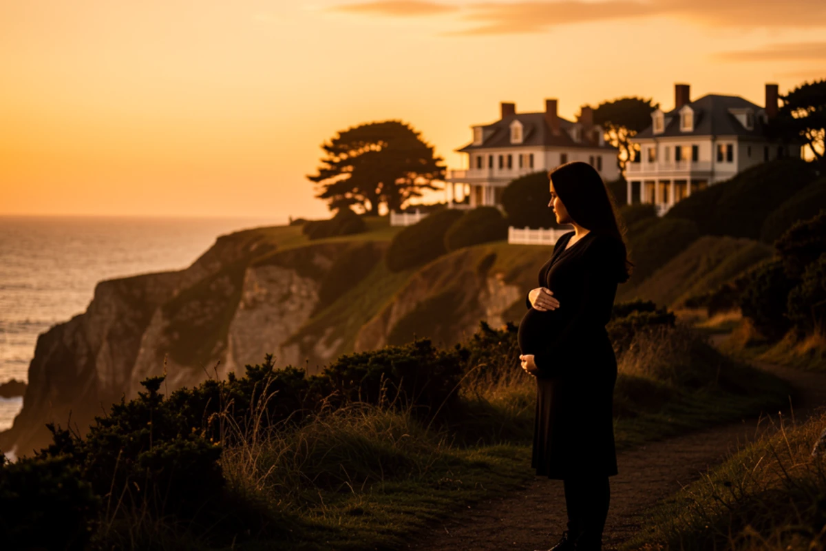 Newport Cliff Walk at golden hour on the Rhode Island coastline, a pregnant woman silhouetted on the cliff path looking out at the Atlantic Ocean