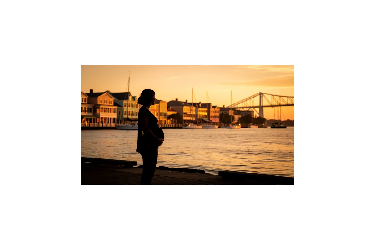Charleston harbor at golden hour, a pregnant woman silhouetted on the waterfront promenade looking across toward the historic skyline and Arthur Ravenel Jr. Bridge