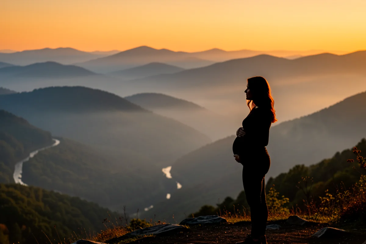 Great Smoky Mountains at golden hour, a pregnant woman silhouetted on a mountain overlook