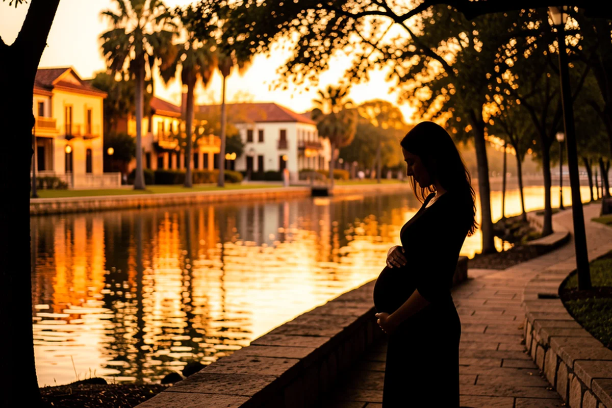 San Antonio River Walk at golden hour, a pregnant woman silhouetted along the stone pathway