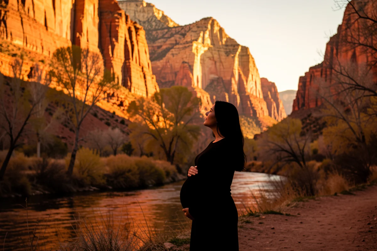 Zion National Park at golden hour, a pregnant woman silhouetted on a riverside trail looking up at the red sandstone cliffs