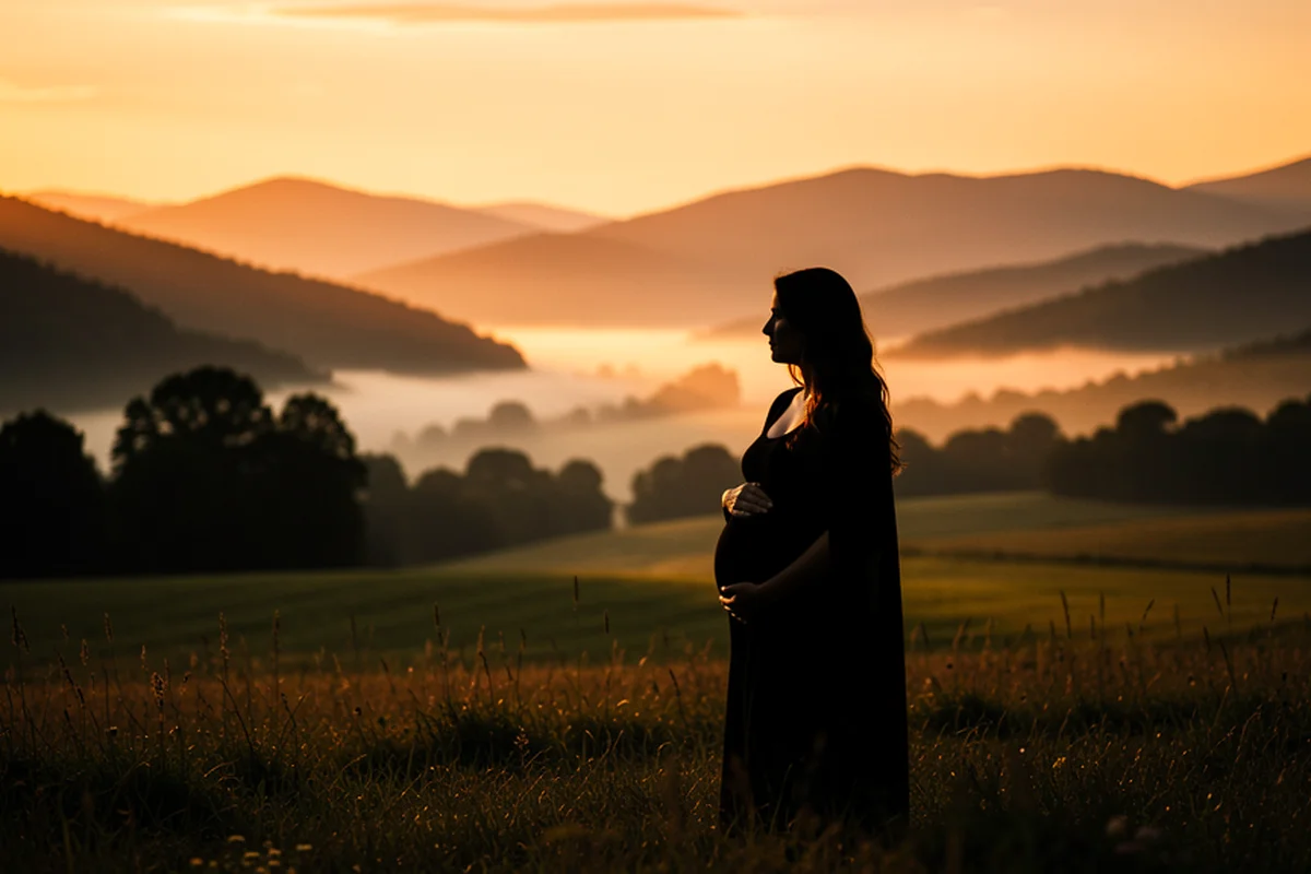 Shenandoah Valley at golden hour, a pregnant woman silhouetted in a grassy field looking toward the Blue Ridge Mountains