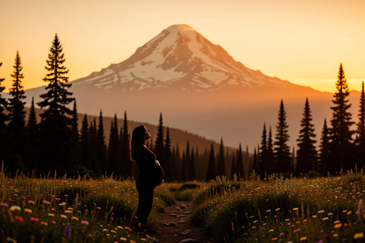 Mount Rainier at golden hour, a pregnant woman silhouetted on a mountain trail looking up at the snow-capped peak