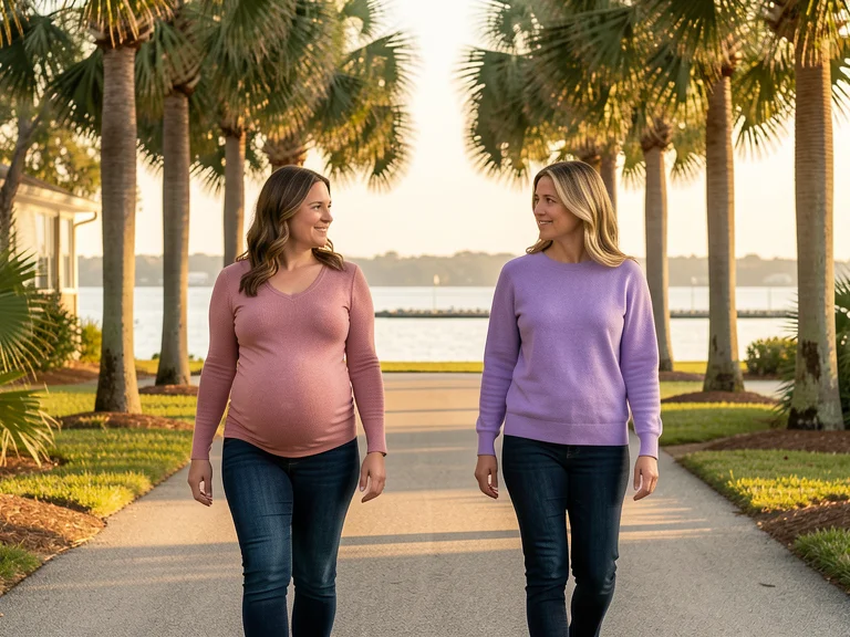 Two women walking side by side in a Tampa neighborhood with palm trees and Tampa Bay in the distance