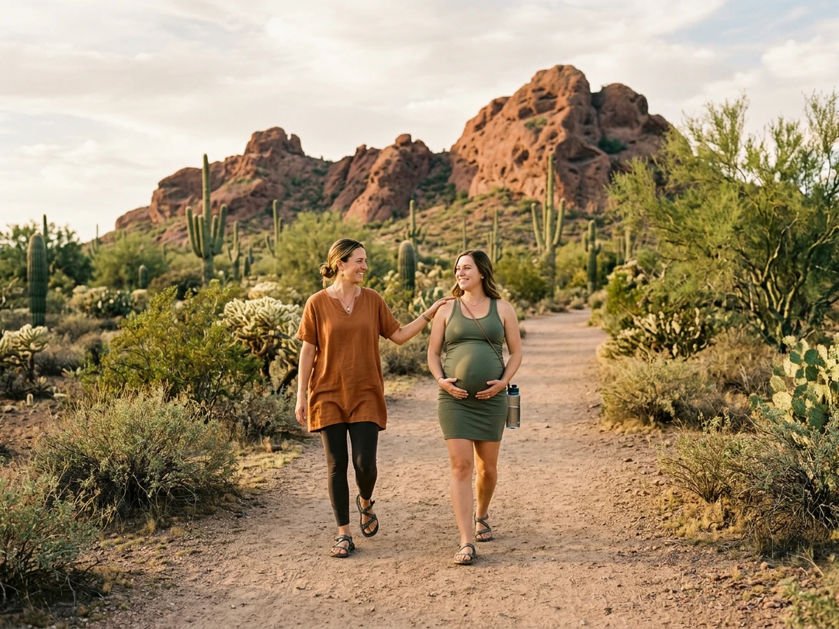 A doula walking alongside a pregnant Tempe mom on a Sonoran Desert path with Papago Park buttes in the distance