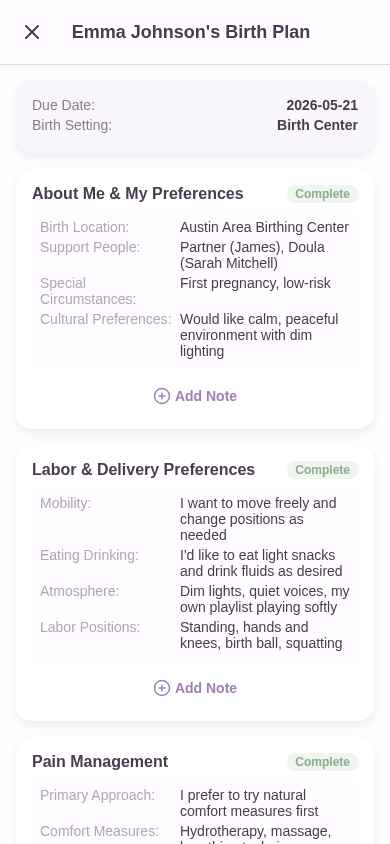 True Joy Birthing app birth plan showing completed sections for labor preferences, pain management, and delivery