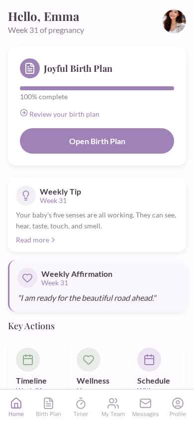 True Joy Birthing app home screen with pregnancy week tracker, birth plan progress, and weekly tips