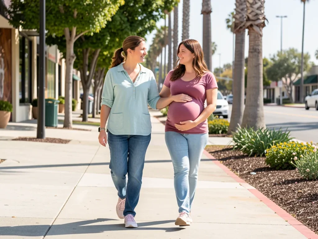 A doula providing support to a pregnant mom in Torrance, California with the South Bay coastline nearby