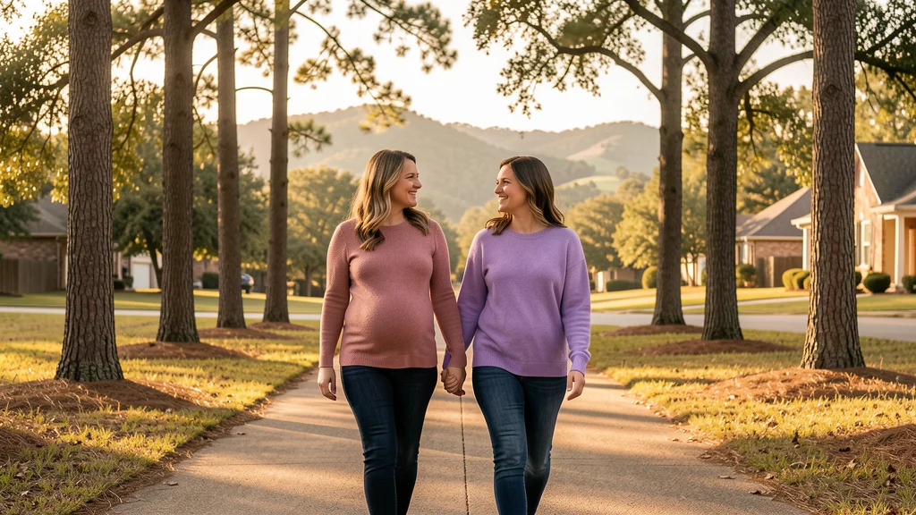 Two women walking side by side in a Tyler neighborhood with East Texas pine trees in the distance
