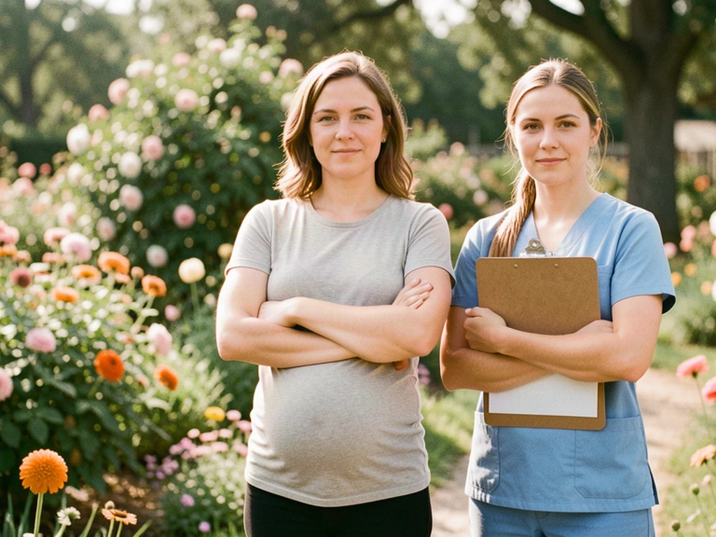 Two women walking side by side in a Tyler neighborhood with East Texas pine trees in the distance