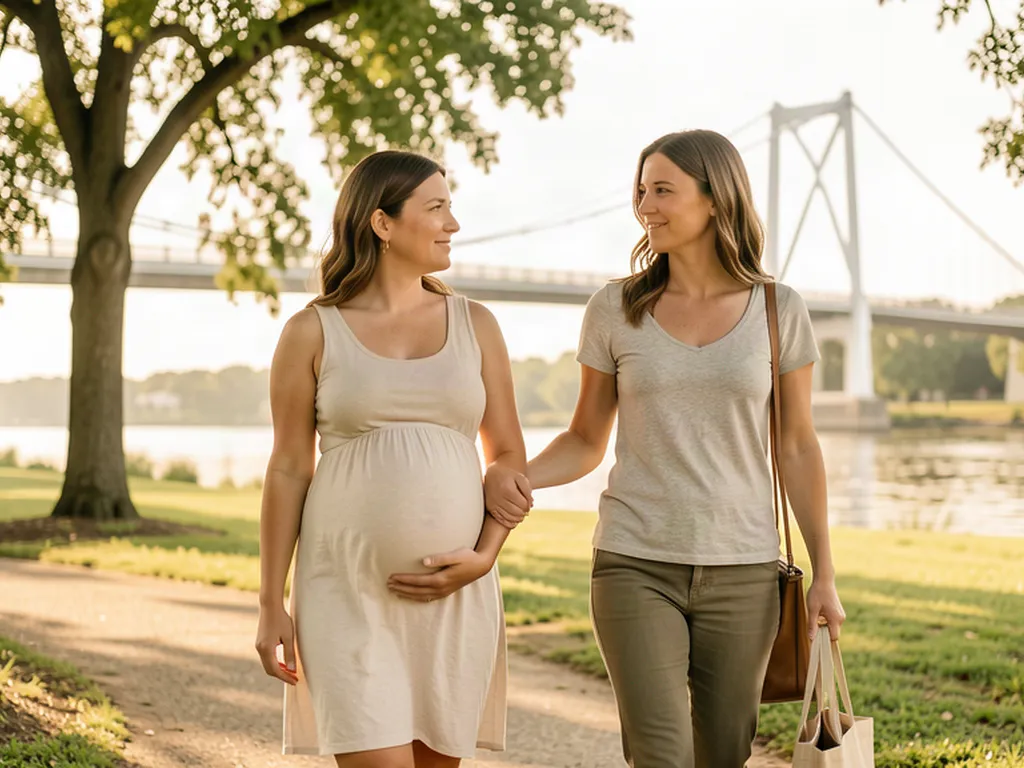 A doula walking with an expectant mom through Waco’s riverside Cameron Park