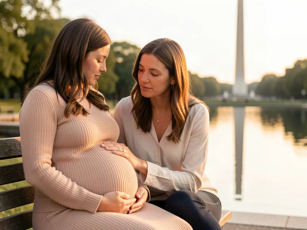 A doula supporting an expectant mom on a bench by the National Mall reflecting pool, the Washington Monument in the distance