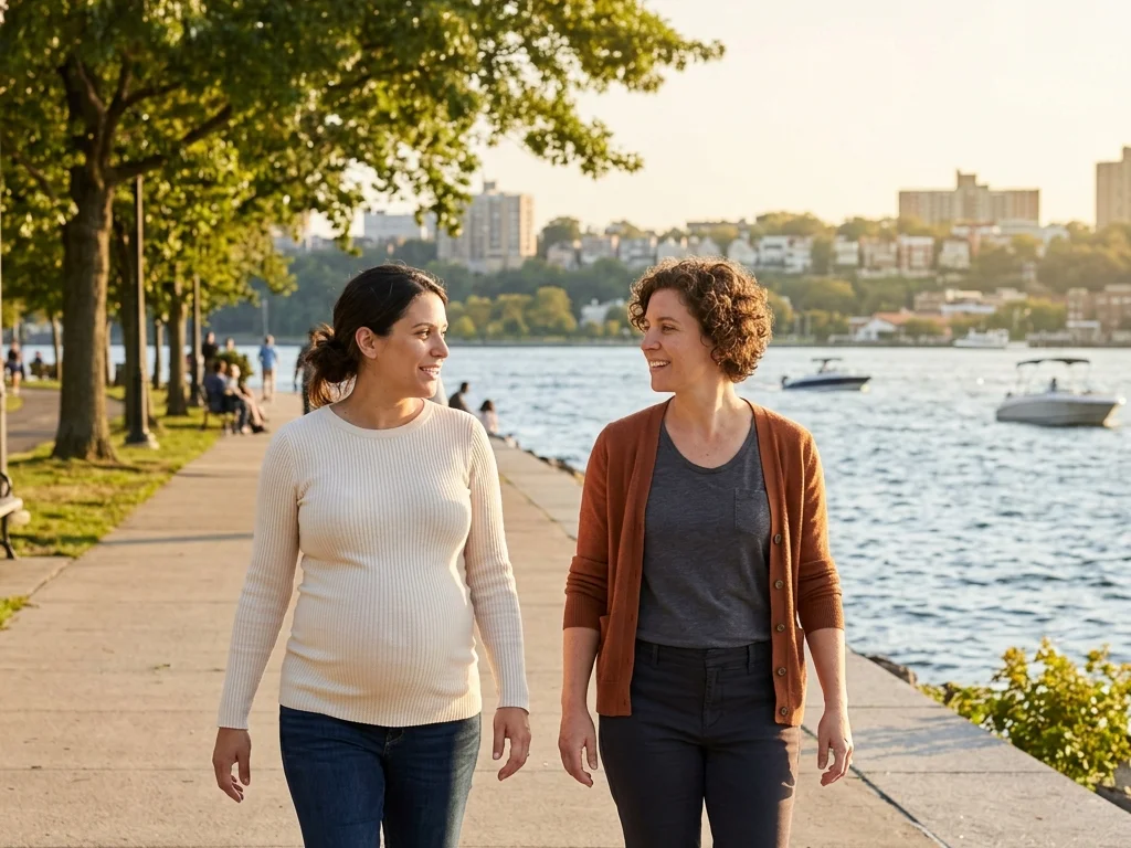 A doula walking alongside an expectant mom along the Hudson River waterfront in Yonkers, with the Palisades cliffs in the distance
